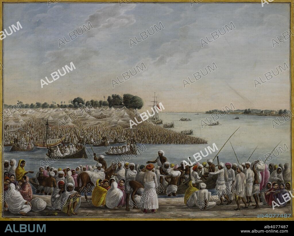 SEVAK RAM. The Harihar Kshetra festival at Sonepur, near Patna (Bihar). The river is thronged with boats; in the background the tents of the fair and in the foreground people embarking. 1807-1809. Watercolour. Source: Add.Or.15.