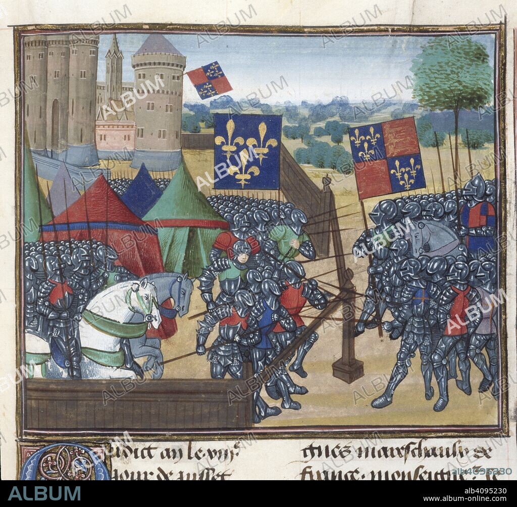JEAN CHARTIER. (Miniature only) Siege of Castillion sur Dordogne. French and English troops battle over wooden defences, with banners, tents and castle walls. La cronicque du temps de roy Charles VII de France. N. France or S. Netherlands; late 15th century. Source: Royal 20 C. IX, f.263. Language: French.