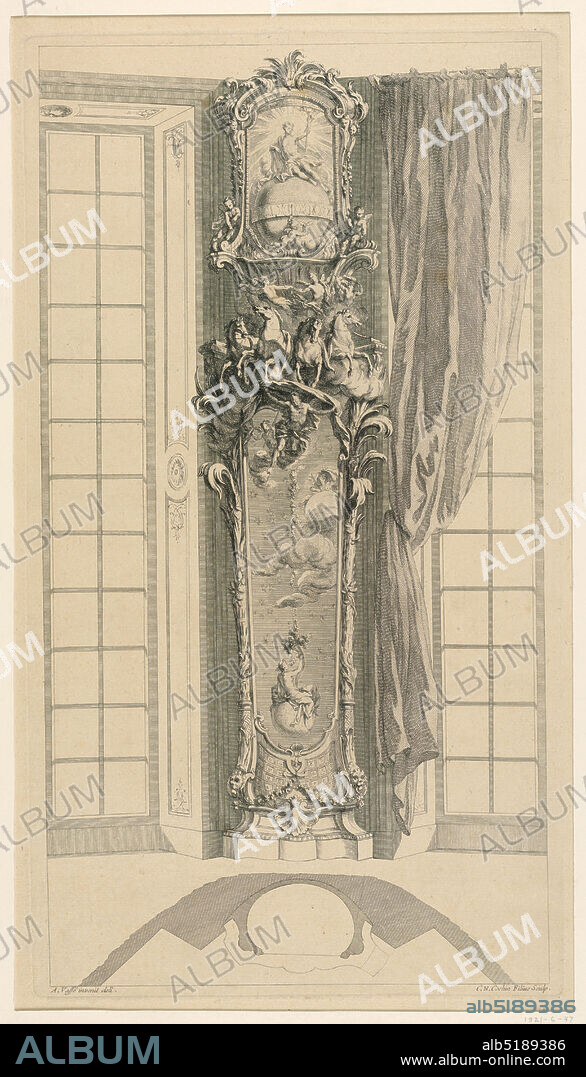 Design for a Long-Case Clock in a Niche, Charles-Nicolas Cochin the younger, 1715 - 1790, Antoine François Vassé, French, 1681 - 1736, Etching on paper, The rich decoration of the clock refers to Apollo, who is seated upon a globe, which is surrounded by a band serving as a dial. Flanked by parts of French windows. The plane of the niche and clock is shown on the floor. Framing line. Signed: 'A. Vassé invenit deli.' bottom left; 'C. N. Cochin Filius sculp.' bottom right., France, ca. 1732, Print, Print.