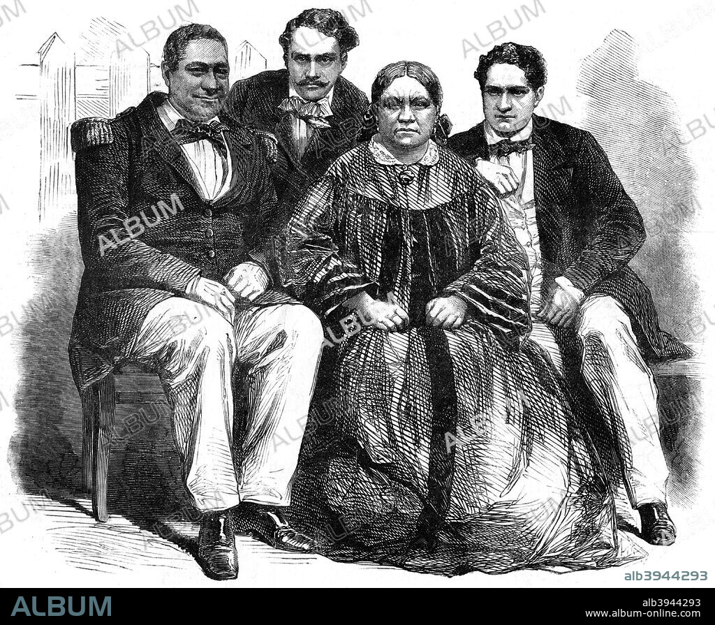 The Royal Family of Tahiti, 1864. Queen Pomare IV (1813-1877), Tama Toa, King of Raia Tea Tea, Arhii Faaite, Prince Consort, and Arhii Ane (1839-1891), Heir Presumptive, the future King Pomare V. Tahiti became a French possession in 1880 after Pomare V was forced to abdicate. A print from the 'Illustrated Times', 18 June 1864.