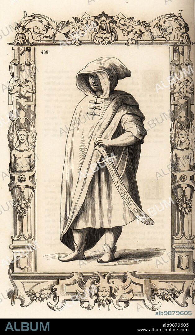 Costume of a black Moor of Africa, 16th century. Hooded cape of coarse fabric or cotton over a robe, leather slippers, large scimitar hanging from his belt. Within a decorative frame engraved by H. Catenacci and Fellmann. Woodblock engraving by Gerard Seguin and E.F. Huyot after a woodcut by Christoph Krieger from Cesare Vecellios 16th century Costumes anciens et modernes, Habiti antichi et moderni di tutto il mondo, Firman Didot Ferris Fils, Paris, 1859-1860.