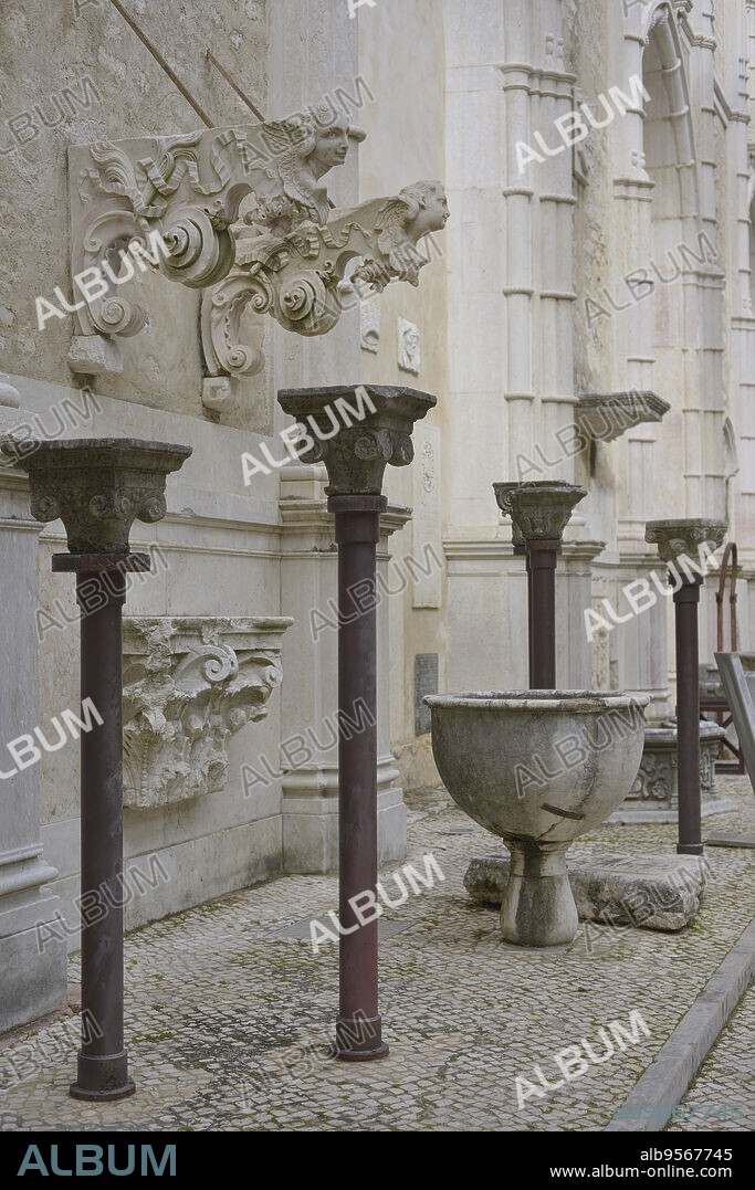 16th century capitals and 15th century baptismal font. Unknown provenance. Carmo Archaeological Museum. Lisbon, Portugal.