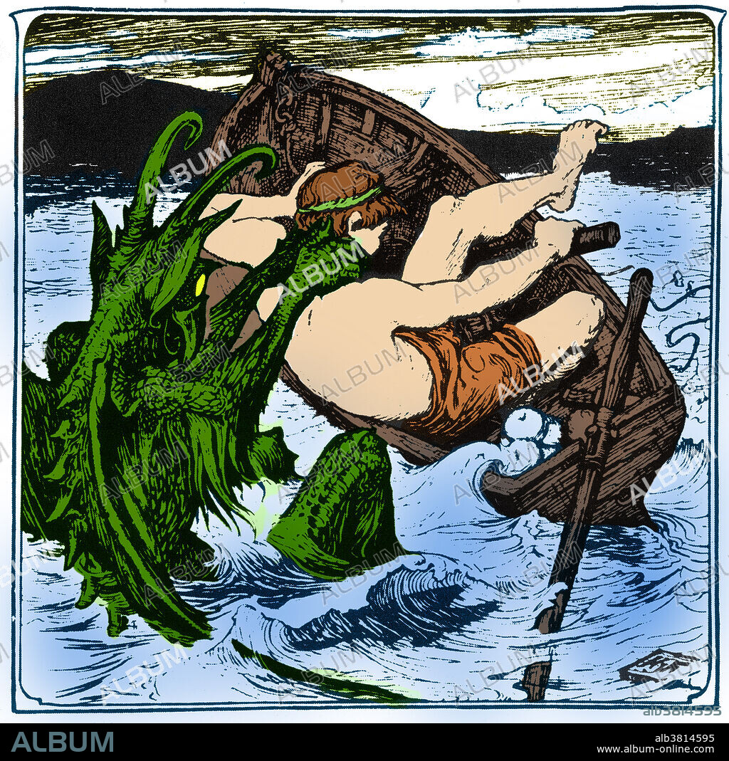 Colorized Illustration by H.J. Ford for Hans, the Mermaid's Son from Andrew Lang's The Pink Fairy Book. Mermen are mythical male equivalents and counterparts of mermaids, legendary creatures who have the form of a male human from the waist up and are fish-like from the waist down, having scaly fish tails in place of legs. The actions and behaviour of mermen can vary wildly depending on the source and time period of the stories. They have been said to sink ships by summoning great storms, but also said to be wise teachers, according to earlier mythology. Mermen, just like mermaids, can lure and attract female humans with their enchantingly beautiful, soft melodic and seductive siren-like singing voices and tones. Colour.