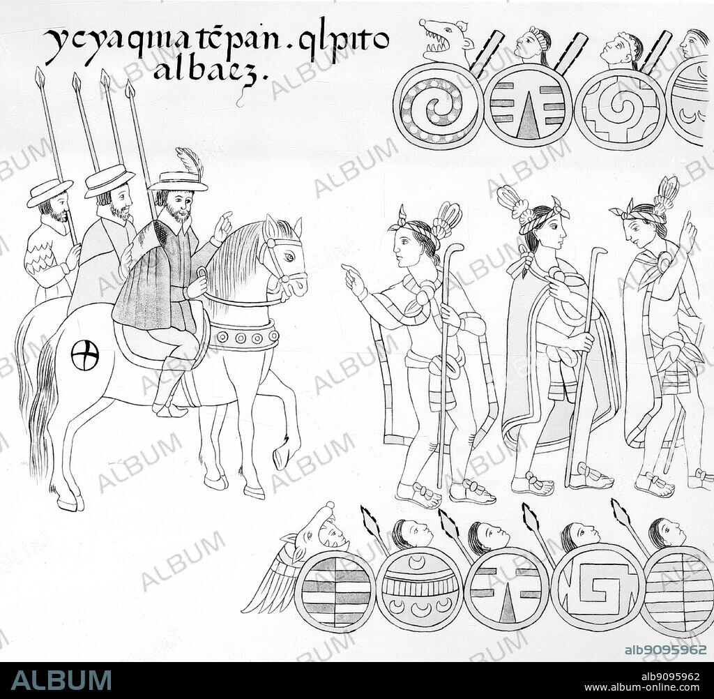 The Tlaxcalans returned home laden with booty. Lienzo de Tlaxcala. Mexican illustrated document compiled between 1550 and 1564by Tlaxcalan artists, representing the conquest fromthe tlaxcalan point of view. Copy reporduced in 'Antiguedades Mexicanas' published by the Junta Columbina de Mexico 1892.