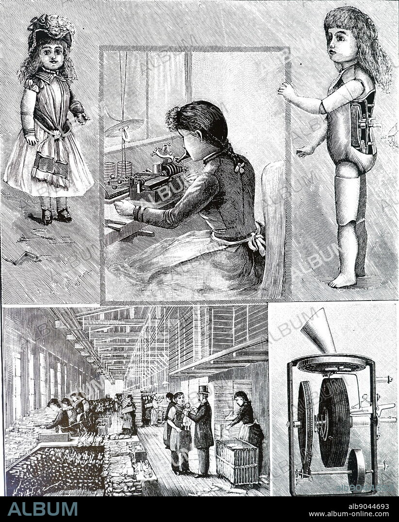 An engraving depicting the manufacturing of talking dolls fitted with an Edison phonograph. In the centre top of the picture, a woman is recording cylinders to be put into the dolls. Dated 19th century.