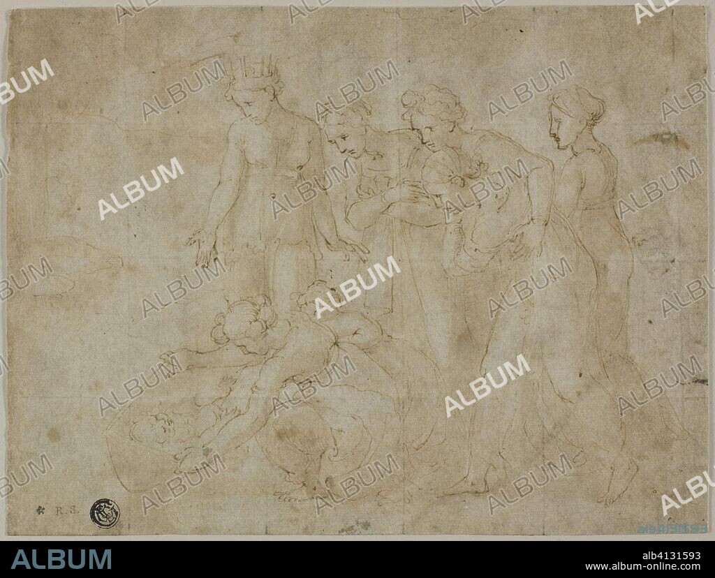 WORKSHOP OF RAPHAEL. Finding of Moses. Workshop of Raffaello Sanzio, called Raphael; Italian, 1483-1520. Date: 1518-1519. Dimensions: 183 x 243 mm. Pen and brown ink with brush and pale brown wash, on buff laid paper, squared in black chalk. Origin: Italy.