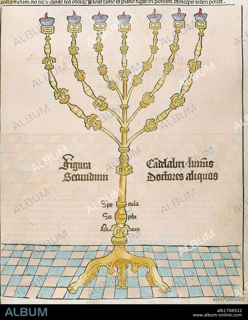 CANDELABRO DE SIETE BRAZOS (MENORAH), que existía en el tabernáculo del Templo de Jerusalén. Grabado del siglo XVI. Coloreado.