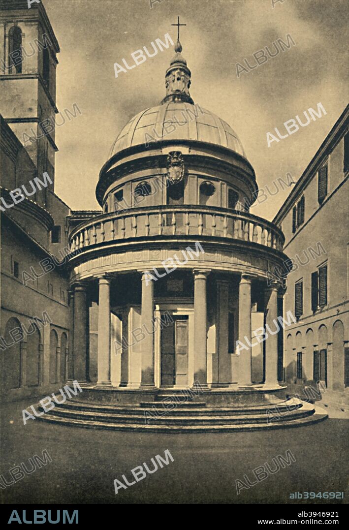'Roma - Temple by Bramante in the Cloisters of S. Pietro in Montorio on the Janiculum Hill', 1910. San Pietro in Montorio is a church in Rome, Italy, which includes in its courtyard the Tempietto, a small commemorative martyrium (tomb) built by Donato Bramante. From Cento Vedute Classiche di Roma. [Enrico Verdesi, Rome, 1910].