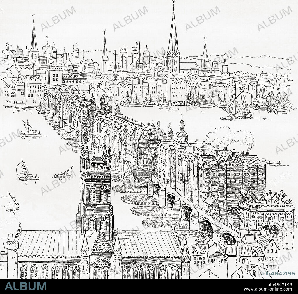 Old London Bridge,(1209 - 1831) London, England in the 19th century. The spiked heads of executed criminals can be seen above the Southwark gatehouse.  From London Pictures, published 1890.