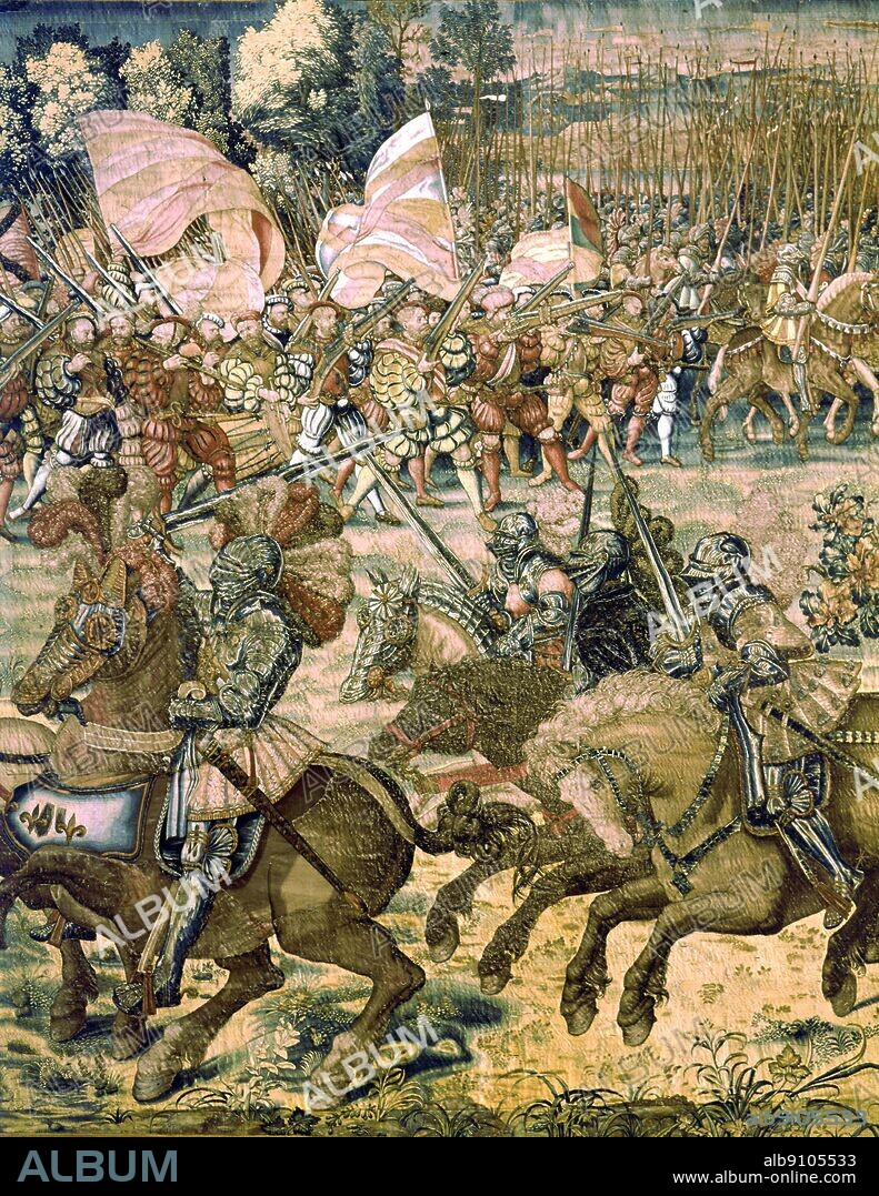 Battle of Pavia 1625: detail from sixteenth century Flemish tapestry. The History of Warfare, by Field Marshal, The Viscount Montgomery of Alamein, page 225..  In 1525 during the Battle of Pavia, Charles V (1500-1558), the Holy Roman Emperor, defeated Francis I (1494-1547), King of France, taking him prisoner after the injury of his horse by Cesare Hercolani, and confining him in Spain. This event has been called "the first major modern battle", marking the transition from knights in armour and crossbowmen to cannoneers. Hercolani, a native of Forlì, was hailed as the "victor of the battle of Pavia". Francis I also lost his general Louis de la Trémoille in this battle, who died of a wound inflicted by an arquebus.