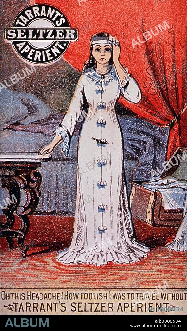 Tarrant's Seltzer Aperient, Cure for Constipation. Visual motif: a woman, with her left hand to her head, is standing next to a table; in the background is a bed at the foot of which is an open trunk. Caption: "Oh this headache! How foolish I was to travel without Tarrant's Seltzer Aperient." Laxatives (purgatives, aperients) are foods, compounds or drugs taken to loosen the stool, most often taken to treat constipation. Were used extensively in pre-modern medicine to treat a wide range of conditions for which they are now generally regarded as ineffective in modern evidence based medicine. Patent medicines are compounds promoted and sold as medical cures that do not work as promoted. "Patent medicine" is a misnomer since in most cases, although products might be trademarked, they are not patented. The promotion of patent medicines was one of the first major products highlighted by the advertising industry, and many advertising and sales techniques were pioneered by patent medicine promoters.
