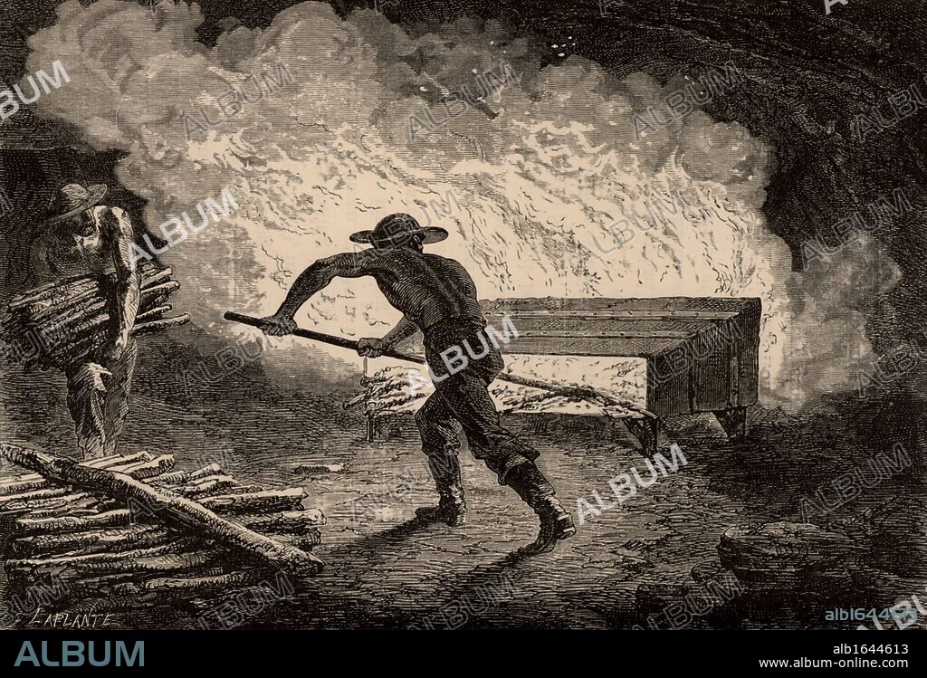 Miners breaking up rock by setting a fire on it.  When the rock cooled it would crack and shatter which made it easy to work with picks. Greater break up could be achieved by pouring cold water over the hot rock.   This process was used in Saxony, Hungary and the Harz mines before the introduction of blasting powder.  From "Underground Life; or, Mines and Miners" by Louis Simonin (London, 1869). Wood engraving.  (Photo by: Universal History Archive/UIG via Getty Images).