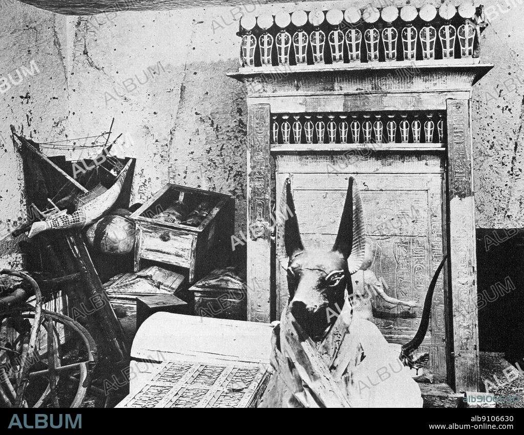 First view of the Treasury of Tutankhamun's tomb. The Treasures of Tutankhamen, The Exhibition Catalogue by I E S Edwards, page 46.