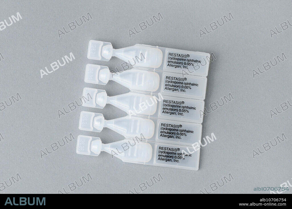 Tubes of Restasis, a cyclosporine prescription eye drop treatment for acute dry eyes (Dry Eye Syndrome).