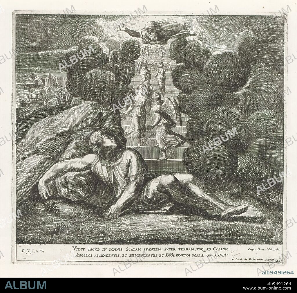 Dream of Jacob, Raphael Bible (series title), Paintings in Raphael's Loggia (series title), Imagines Veteris ac Novi Testamenti (series title), Jacob lies asleep, his head on a stone. He dreams of a ladder that reaches to heaven and along which angels descend. At the top of the ladder hovers God the Father. Bible verse below the image. Print is part of an album., print maker: Cesare Fantetti, (mentioned on object), after drawing by: Cesare Fantetti, (mentioned on object), after painting by: Rafaël, (mentioned on object), print maker: Italy, after drawing by: Italy, after painting by: Vaticaanstad, publisher: Rome, Vaticaanstad, 1675, paper, etching, height 240 mm × width 262 mm.