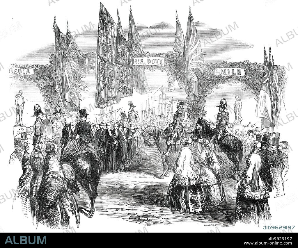 EBENEZER LANDELLS. Inauguration of the Statues of Nelson and Wellington, on Southsea Common, [Hampshire], 1850. Ceremony near Portsmouth: 'Lieutenant Governor, Lord Frederick Fitzclarence, before giving up command of the Garrison, said he would like to present two statues as a token of regard and good feeling to the town and its inhabitants; the statues were of the England's national heroes, one of Lord Nelson and the other of the Duke of Wellington to be mounted on Southsea Common near where Lord Nelson embarked to win and die at the Battle of Trafalgar and the Duke of Wellington sailed from Portsmouth to conduct the War in the Spanish Peninsula. The statues were unveiled on the 18th June amidst a concourse of 50,000 spectators'. From "Illustrated London News", 1850.