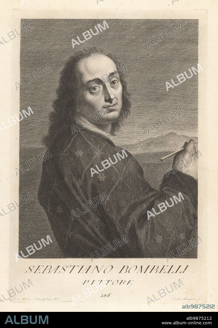 Sebastiano Bombelli, Italian painter, mainly active in Venice, during the Baroque period, 1635-1719. Born in Udine, painted history paintings and later portraits for German royalty. Copperplate engraving by Carlo Gregori after Giovanni Domenico Campiglia after a self portrait by the artist from Francesco Moucke's Museo Florentino (Museum Florentinum), Serie di Ritratti de Pittori (Series of Portraits of Painters) stamperia Mouckiana, Florence, 1752-62.