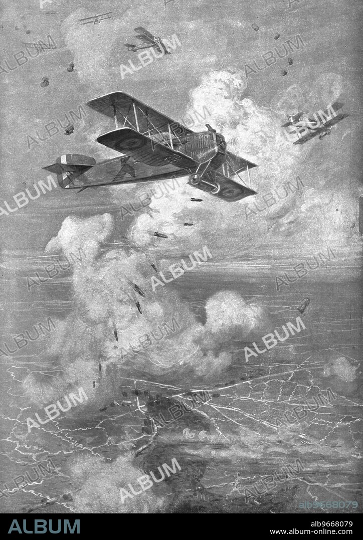 ''Combat Aerien; Un Bombardement Aerien; Avion Breguet Lancant ses bombes de 90', 1918. From "L'Album de la Guerre 1914-1919, Volume 2" [L'Illustration, Paris, 1924].