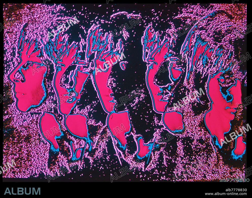 CREATIVE PHOTOGRAPHY Multiple portrait obtained with stroboscopic flash, posing the Italian actress and singer Paola Pitagora (24 August 1941). Black background, magenta and cyan tones. Color G by Ando Gilardi (1921-2012 #andogilardi), a sophisticated arbitrary creative coloring process conceived by the author in the 1960s, a photo-graphic technique of great expressive power and declinability, with results comparable to subsequent digital processing. Milan, around 1975.
