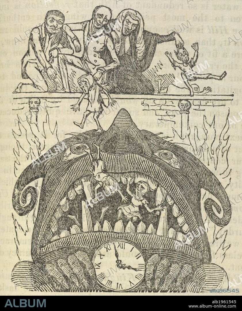 Figures being dropped into the mouth of a demon. A political cartoon. Figaro in London. London, 1832-39. Source: P.P.5264, 57. Language: English.
