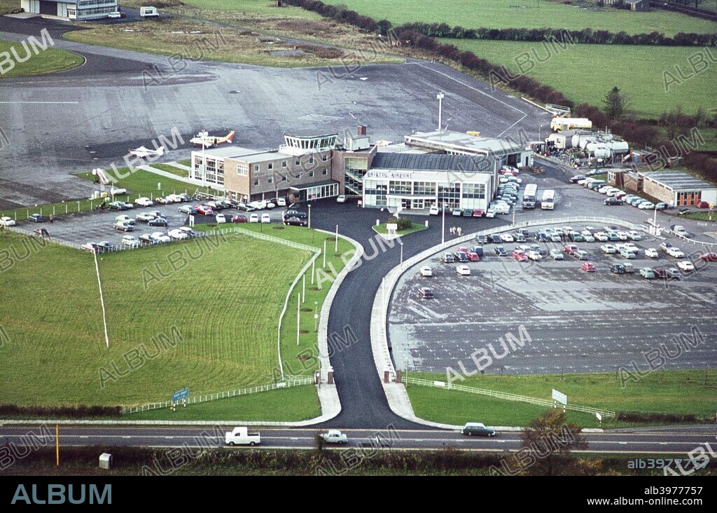 Bristol Airport, Lulsgate Bottom, Somerset, 1970. This site was first used as a RAF relief landing ground in 1940. The aerodrome was converted and opened as a new airport for Bristol in 1957. A new control tower was added in 1962 and both the terminal building and runway were extended in 1965.