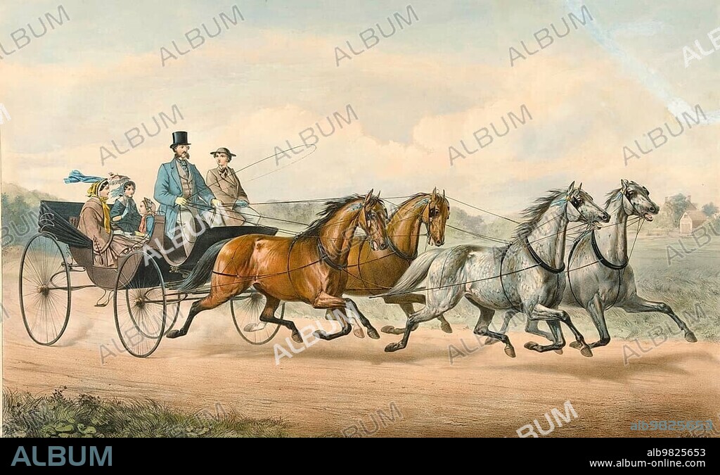 Four-horse carriage in full swing in America, 1860, Historic, digitally restored reproduction from a 19th century original