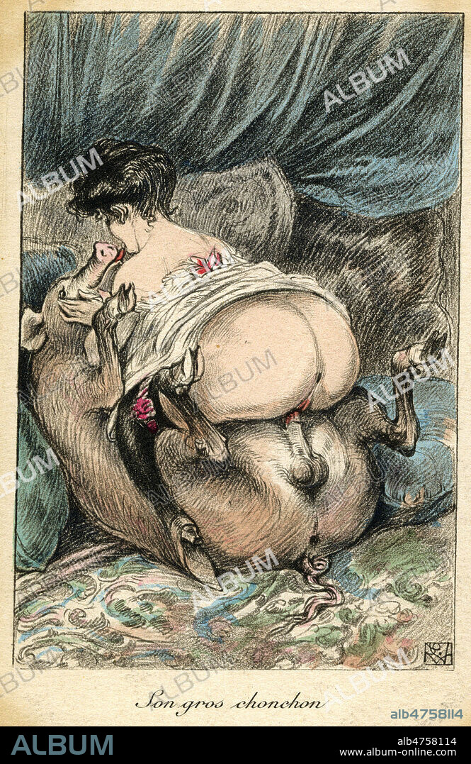 'Son chonchon' : un cochon penetre une femme. Illustration zoophile pour une carte postale vers 1910. Credit : Collection IM/KHARBINE-TAPABOR.
