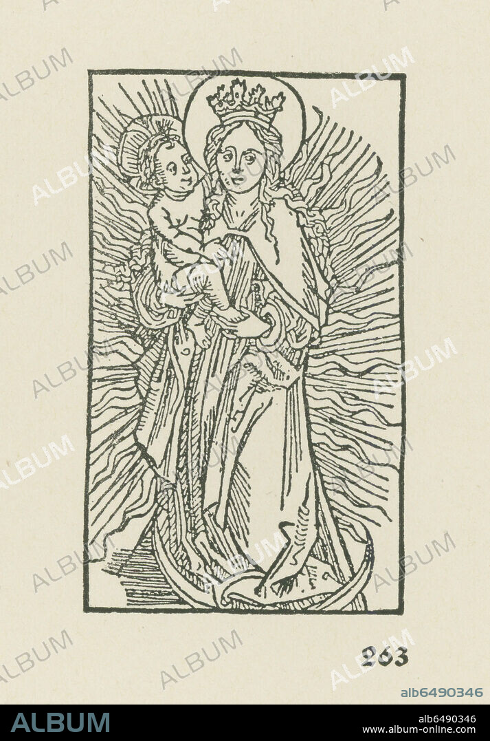 ALBRECHT DÜRER. Virgin Mary in the Sun. Illustration to Jacob Wimpheling: De Conceptu et triplici Marie virginis gloriosissime candore. Published by Sebastian Brant. Printed by Johan Bergmann, Basel, after 11 February 1494. 
Woodcut, 74 x 43mm.