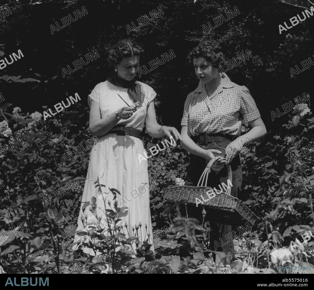Duchess Of Kent And Her Daughter Princess Alexandra -- The Duchess Of Kent and her daughter at their beautiful home of "Coppins" in the village of Iver, Bucks, picking roses from their sunken rose garden. September 07, 1954. (Photo by Michael McKeown).