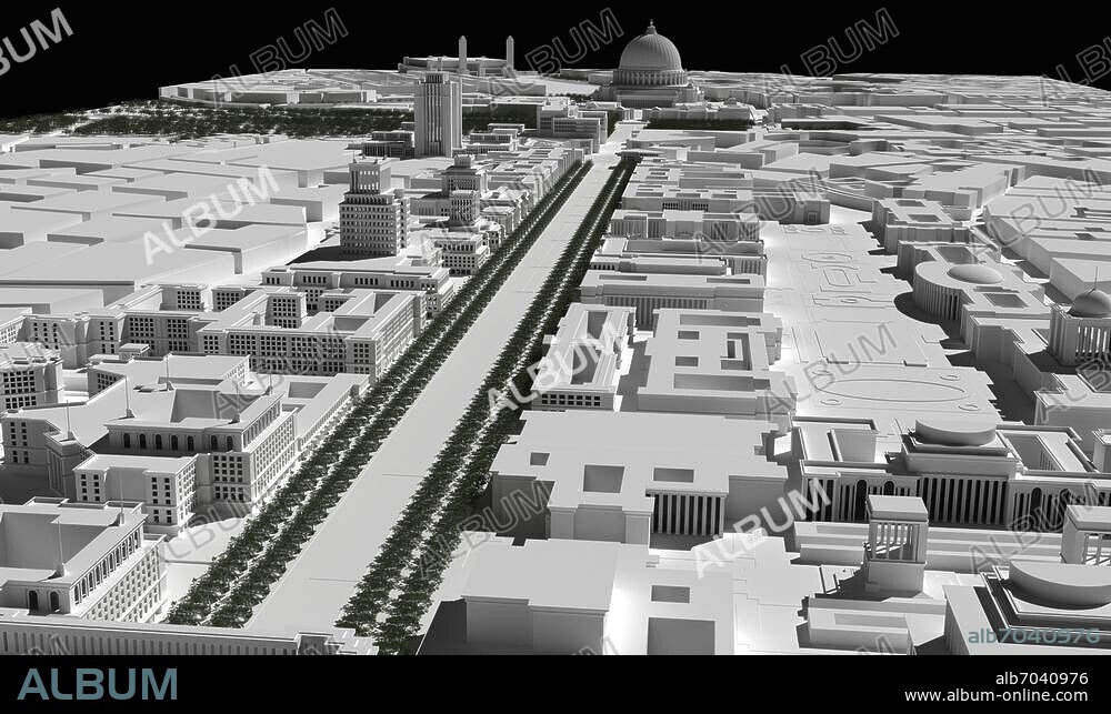 Welthauptstadt Germania / 1939 / 3D ReconstructionCaption English:Welthauptstadt Germania ( "World Capital Germania") : refers to the projected renewal of the German capital Berlin during the Nazi period, part of Adolf Hitler's vision for the future of Germany after the planned victory in World War II. (Albert Speer, the "first architect of the Third Reich", produced many of the plans for the rebuilt city in his capacity as overseer of the project, only a small portion of which was realized between the years 1937 and 1943 when construction took place). Perspective of the North-South axis (looking north toward the Volkshalle (Große Halle (Great Hall) at the top). Albert Speer's project (1937-1943). 3D Reconstruction (March 2016).