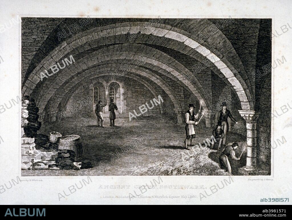 Interior view of the crypt, St Saviour's Church, Southwark, London, 1830. The church became Southwark Cathedral in 1905.