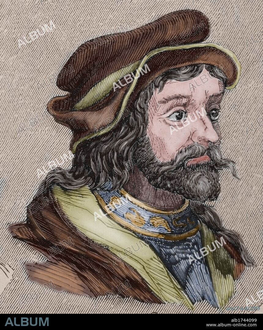 TEUDISELO. Rey visigodo (548 a 549). Sucesor de Teudis, reinó poco más de un año. Murió asesinado. Grabado coloreado.