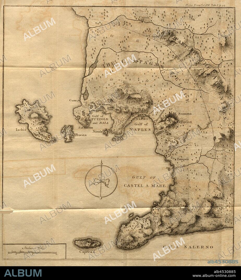 Map of the region around Mount Vesuvius, Map of the Region of Naples, Salerno and Capua in Campania (Italy), signed: Basire sc, Plate VI, after p. 168, Basire (sc.), 1772, William Hamilton: Observations on Mount Vesuvius, Mount Etna, and other volcanos: in a series of letters addressed to the Royal Society from [...] W. Hamilton [...]: to which are added, explanatory notes by the author, hitherto unpublished. London: printed for T. Cadell, MDCCLXXII [1772].