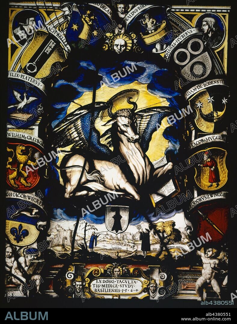 Blazon of the Faculty of Medicine of the University of Basel, 1560, stained glass, 40.5 x 30.5 cm |, 30.3 x 40.4 x 2 cm, unsigned, but dated., In the scroll cartridge in the base: EX • DONO • FACVLTATIS • MEDICE • STVDY • BASILSIS • 1 • 5 • 6 • 0 •, Designation of coats of arms of Faculty members, from top to bottom: [Heinrich Panta] LEO • DECANVS, OSWALDVS • BERVS, ISACH • CELLAR, IOHANNES • HVBERVS, FELIX • PLATERVS, ADAM • DE • BODENSTEIN, GWILHELM • GRATAROL, IO • IACOB • HVGGELI, IOH • IACOB • ALARM, TEODORVS • ZWINGGER, Ludwig Ringler, Basel 1536–1606 Basel.