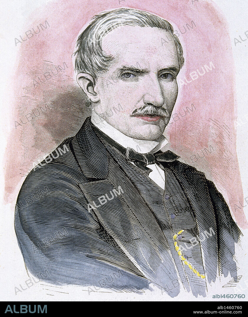 GARCIA MORENO, Gabriel (Guayaquil, 1821-Quito, 1875). Político ecuatoriano. Una Asamblea Constituyente le nombró presidente de Ecuador en 1861. Grabado coloreado.