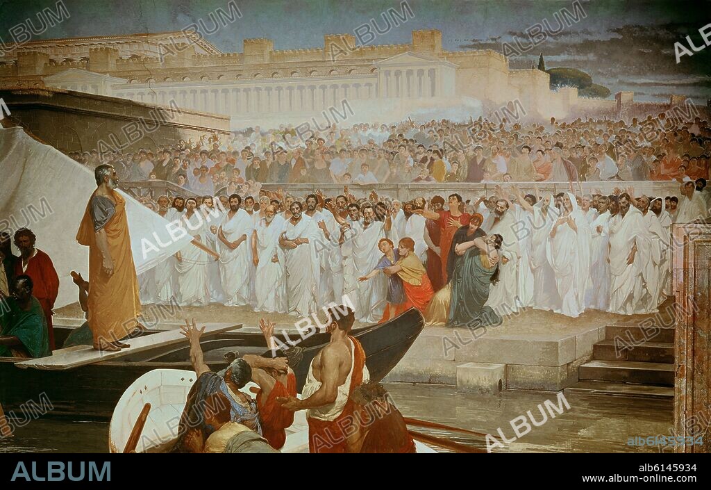 CESARE MACCARI. EMBARQUE DE MARCO ATILIO REGULO A CARTAGO (TRAS RECHAZAR LA PAZ) - GUERRA PUNICA - FRESCO SIGLO XIX.