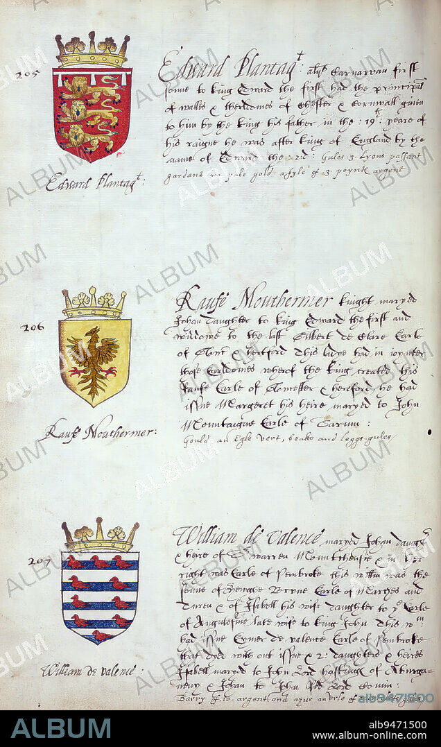 Book of English heraldry, Arms of Edward Plantagenet, Raufe Mouthermer, and William de Valence, This book of English heraldry was completed ca. 1589. The manuscript belonged to the Spencer family, as known through inscriptions on the first few flyleaves, including the motto 'Dieu defende Le Droit' (God defends the right). This motto has long been associated with the Spencer family of England, which is the family line of Princess Diana, as well as the Spencers who were among the founders of Virginia. The Spencer family's heraldry is included in the manuscript, along with the coats of arms of numerous prominent British families, including the Hasting, Gray, Beuford, and Percye families.