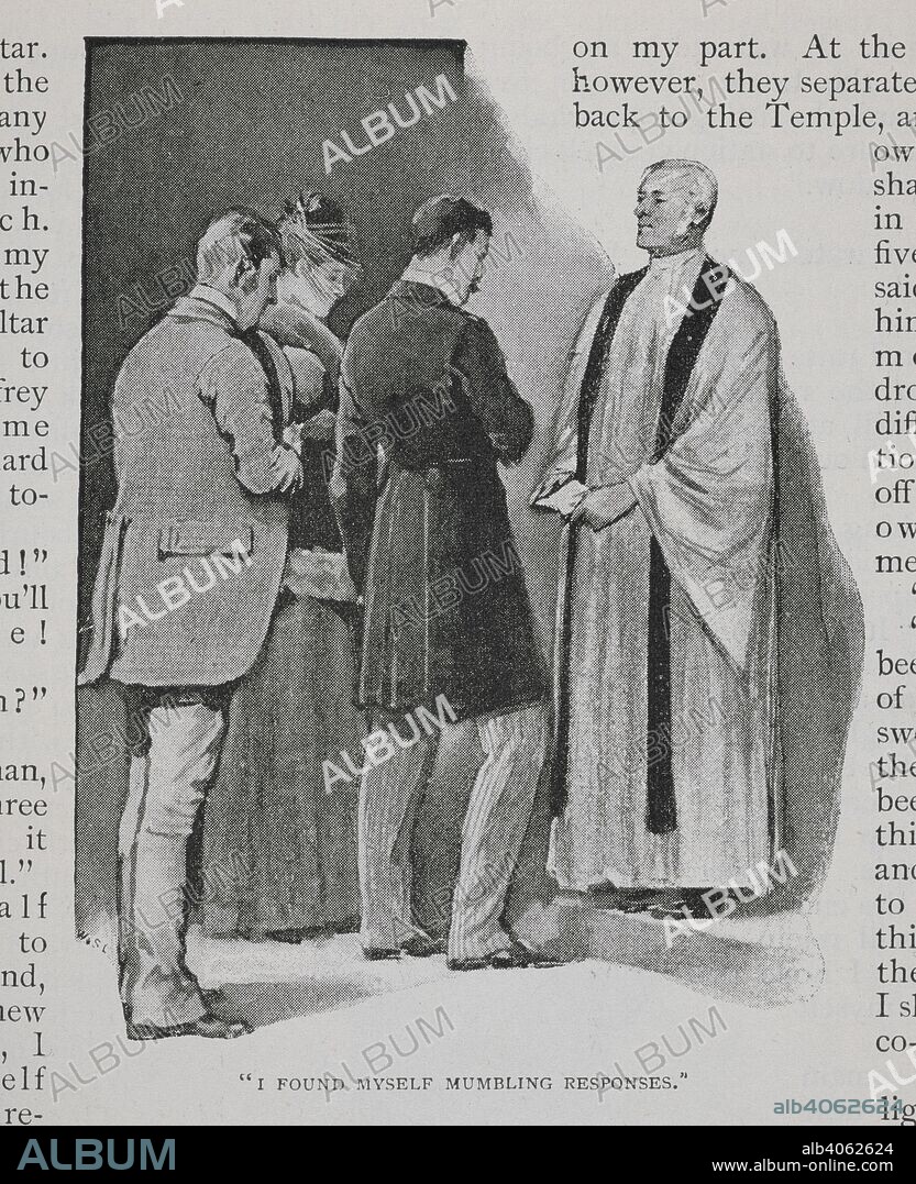 ARTHUR CONAN DOYLE. "I found myself mumbling respsonses." Sherlock Holmes, at the wedding of Irene Adler and Godfrey Norton. Illustration for the story, 'a scandal in Bohemia.'. The Strand magazine : an illustrated monthly / edited by G. Newnes. London, 1891, July to December. Source: P.P.6004.glk, volume II. page 69.