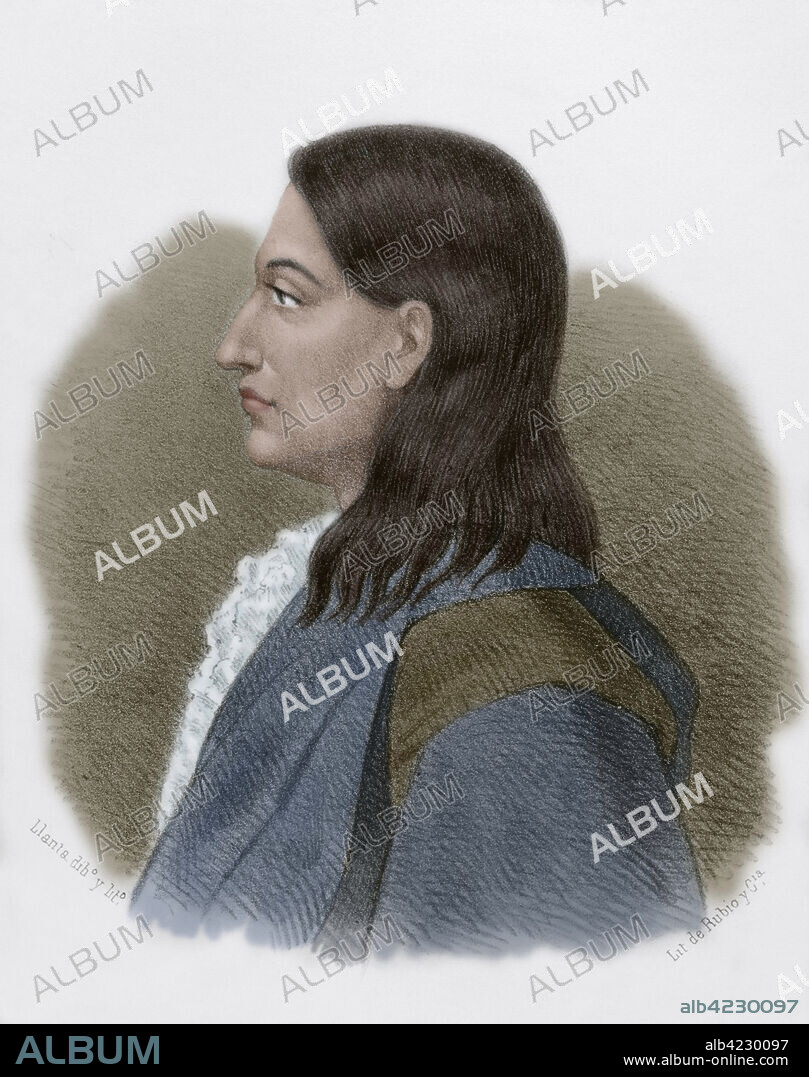 SANTIAGO LLANTA (FL. 1866-1872). FRENCH LITHOGRAPHER WHO WORKED IN SPAIN.. Claudio Coello (1642-1693). Spanish Baroque painter. He was a court painter for Charles II. Portrait. Drawing by Llanta. Lithography. Later colouration. "Cronica General de España, Historia Ilustrada y Descriptiva de sus Provincias. Andalucia", 1869.