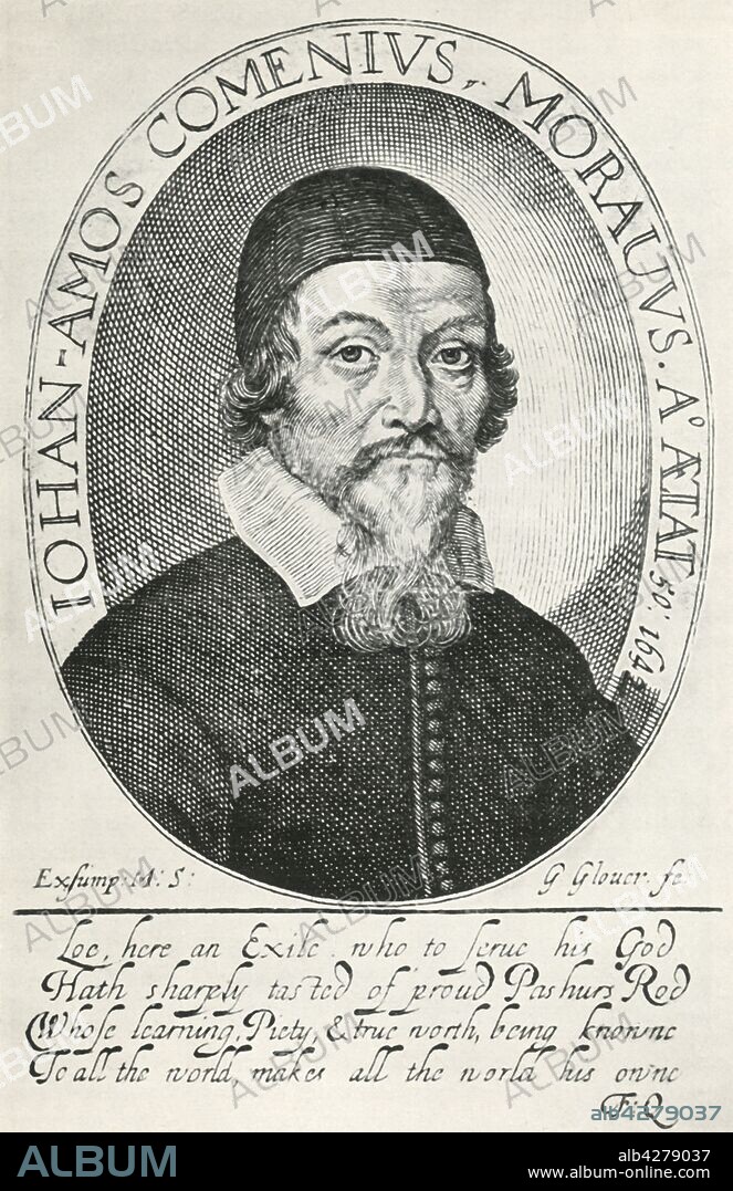 GEORGE GLOVER. 'Comenius', 1642, (1947). Portrait of John Amos Comenius (1592-1670), Czech teacher, writer, philosopher and theologian, aged 50. 'Loe, here an Exile; who to serve his God, Hath sharply tasted of proud Pashurs Rod, Whose learning, Piety, & true worth being knowne To all the world, makes all the world his owne'. Comenius introduced innovative educational concepts such as pictorial textbooks written in native languages (instead of Latin), lifelong learning with a focus on logical thinking (over mechical memorization), and access to education for women and poor children. From "History of Czechoslovakia in Outline" by J. V. Polisensky. [Sphinx Publishers Ltd, Prague, 1947].