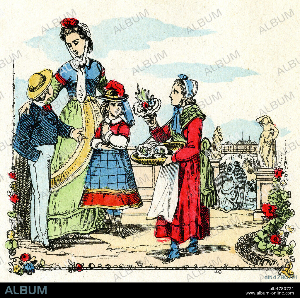 Jeune vendeuse de fleurs. Illustration anonyme vers 1885 pour Les enfants pauvres Livret de l'Imagerie Pellerin a Epinal.Credit : Coll. Jonas/Kharbine-Tapabor.