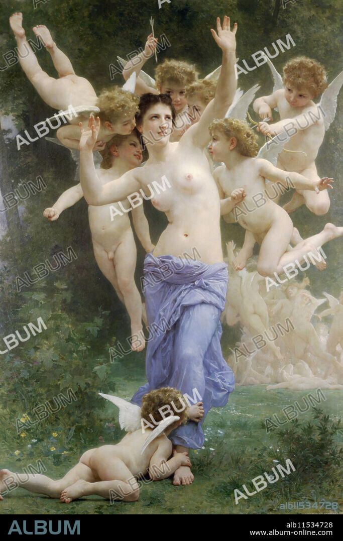 WILLIAM BOUGUEREAU. The Wasps Nest.  William-Adolphe Bouguereau (30 November 1825 – 19 August 1905) was a French academic painter. In his realistic genre paintings he used mythological themes, making modern interpretations of classical subjects, with an emphasis on the female human body.