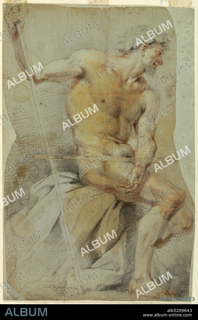 Study of a nude elderly man, Bacchus or one of his companions, Giovanni Battista Merano, Italian, 1632 - 1698, Black, red crayon, brush and white heightening on blue-grey paper, Figure crowned with vine leaves is shown sitting upon stone which is covered by cloth. Lower part of body and head are shown in profile, whereas chest is turned toward front, the left arm crossing right leg. Raised right hand is leaned upon staff., Genoa, Italy, 166070, figures, Drawing, Drawing.