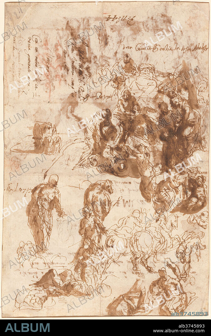 PAOLO VERONESE. Studies for Judith and Holofernes, David and Goliath, The Finding of Moses, and Others [recto]. Dated: c. 1582. Dimensions: overall: 29.8 × 19.6 cm (11 3/4 × 7 11/16 in.). Medium: pen and brown ink with brown wash on laid paper.