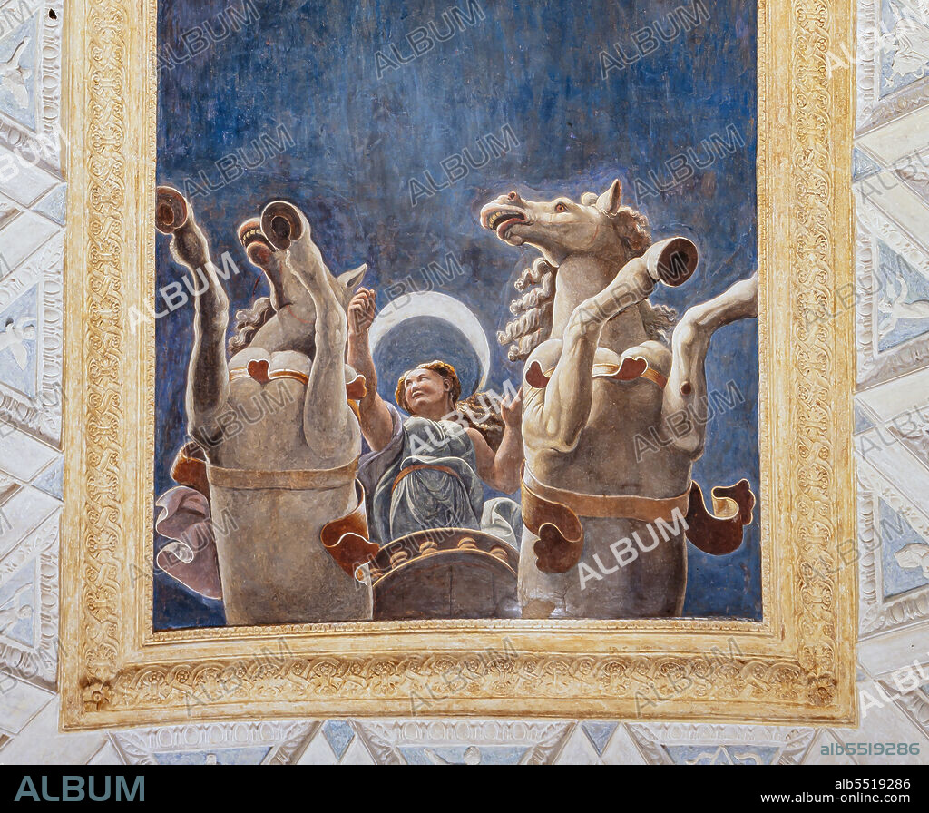 Mantua, Palazzo Te (Gonzaga's summer residence), Camera del Sole e della Luna (Chamber of the Sun and the Moon): ceiling representing the chariots of the Sun and of the Moon, driven by Diana and Apollo. Fresco based on Giulio Romano's project and painted by Francesco Primaticcio in 1527 - 1528.