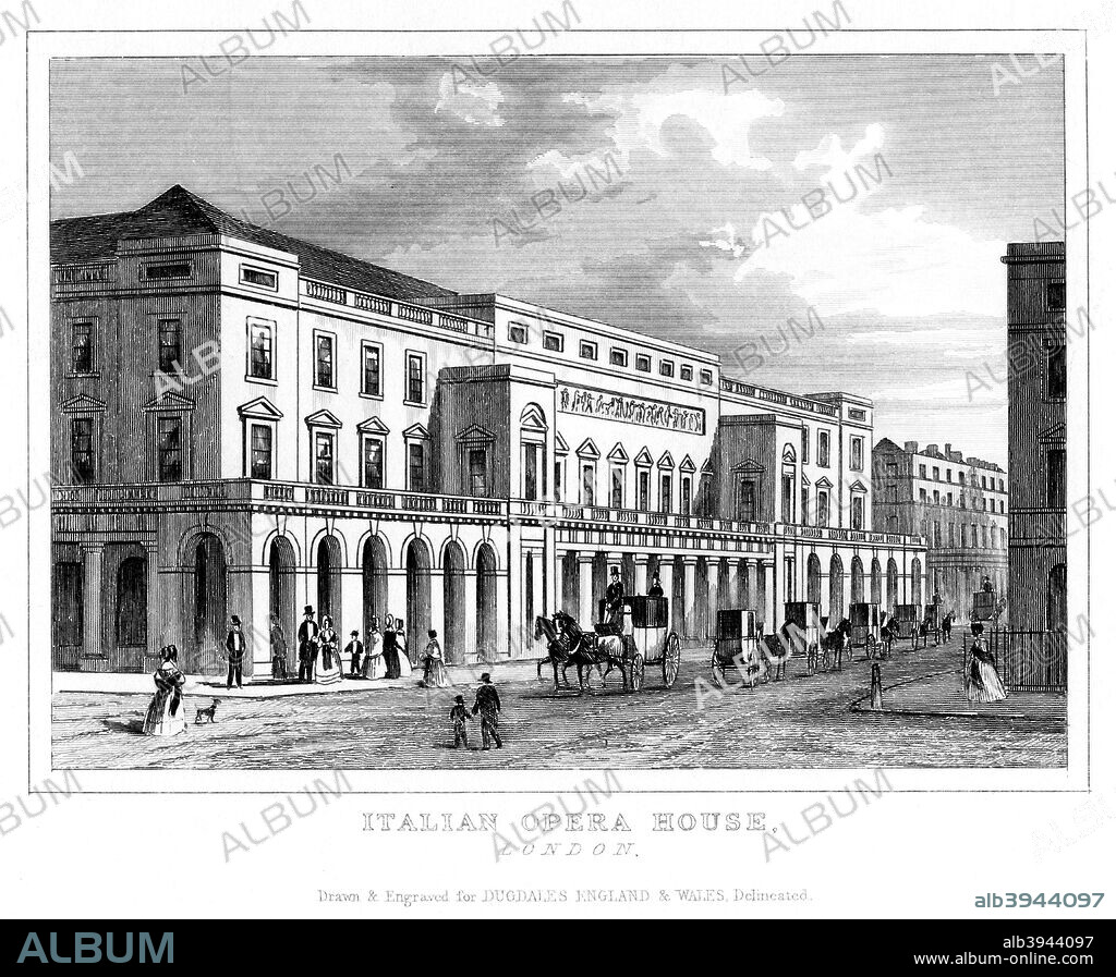 Italian Opera House, Haymarket, Westminster, London, late 18th - early 19th century. The building was constructed in the 1790s on the site of an earlier theatre founded by Sir John Vanbrugh that was burned down in 1789.