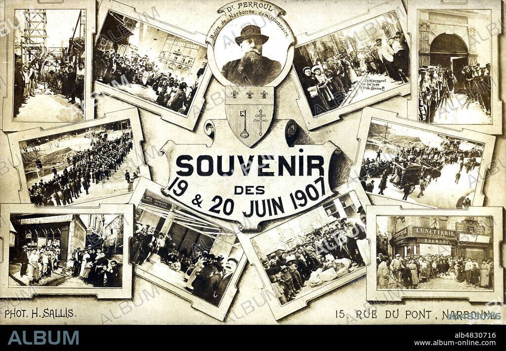 'Souvenir des 19 et 20 juin 1907'. Portrait en medaillon du Dr Ferroul. Photographie H. Sallis pour une carte postale de 1907. Credit : IM/KHARBINE-TAPABOR.