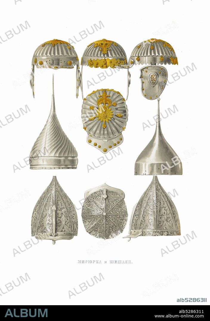 FYODOR GRIGORYEVICH SOLNTSEV. Misiurka Helmet and Shishaks. From the Antiquities of the Russian State.
