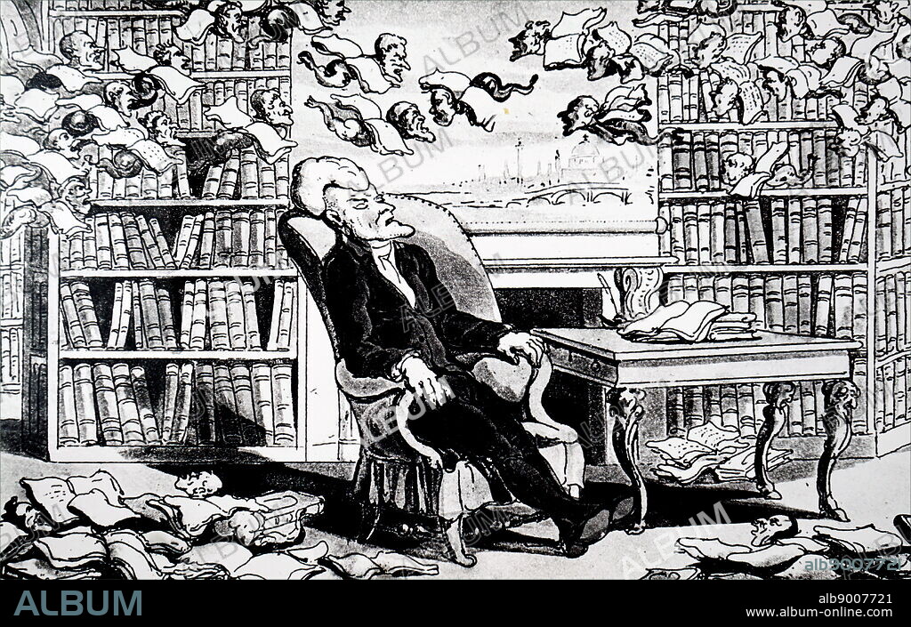 Cartoon depicting Dr Syntax, having spent the evening in My Lord's library, dreaming he is in The Strand with book flying all around him. Dr. Syntax, a comic character created by William Combe and the cartoonist Thomas Rowlandson. William Combe (1742-1823) a British miscellaneous writer. Thomas Rowlandson (1756-1827) an English artist and caricaturist. Dated 19th century.