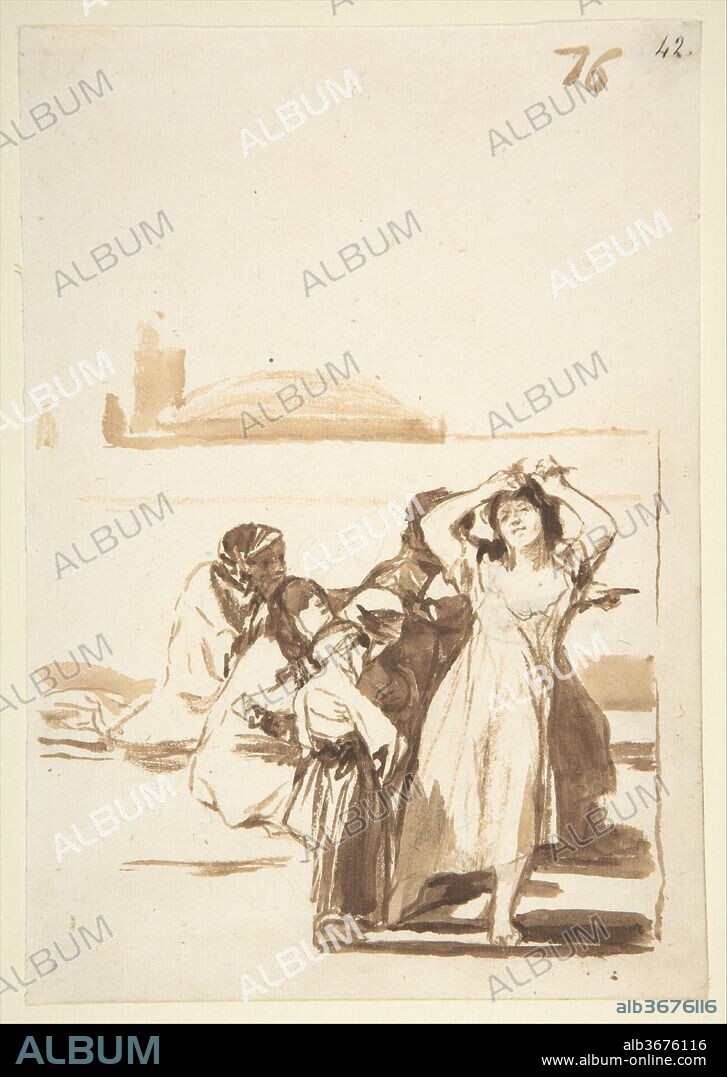 A woman pulling at her hair being watched by a group of figures; folio 76 from the Images of Spain Album 'F'. Artist: Goya (Francisco de Goya y Lucientes) (Spanish, Fuendetodos 1746-1828 Bordeaux). Dimensions: Sheet: 8 1/8 × 5 11/16 in. (20.6 × 14.4 cm). Date: ca. 1812-20.